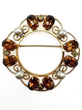 Vintage Van Dell Gold Filled Circle Brooch With Brown Crystal